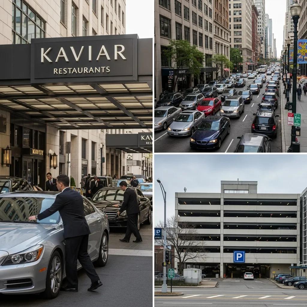 Valet attendants assisting guests at Kaviar Restaurants, showcasing the convenience of valet parking compared to congested street and garage options in Old Pasadena.