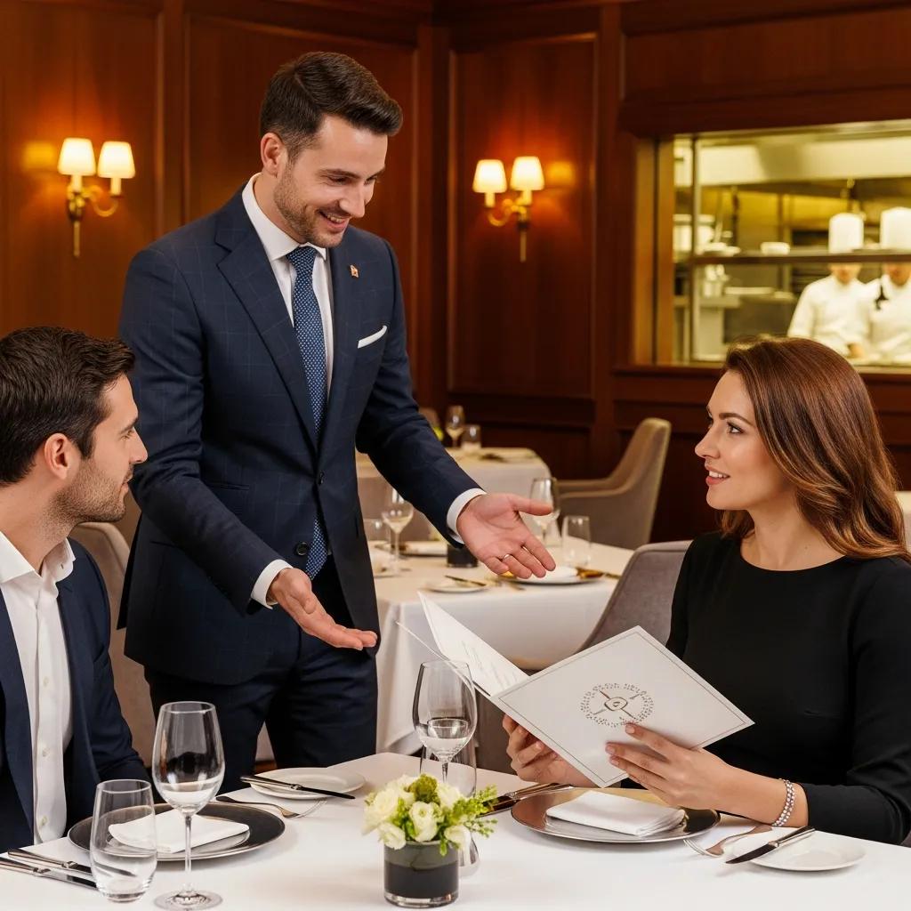 Concierge providing personalized dining service to guests at Kaviar Restaurant, enhancing luxury dining experience with menu customization and attentive service.