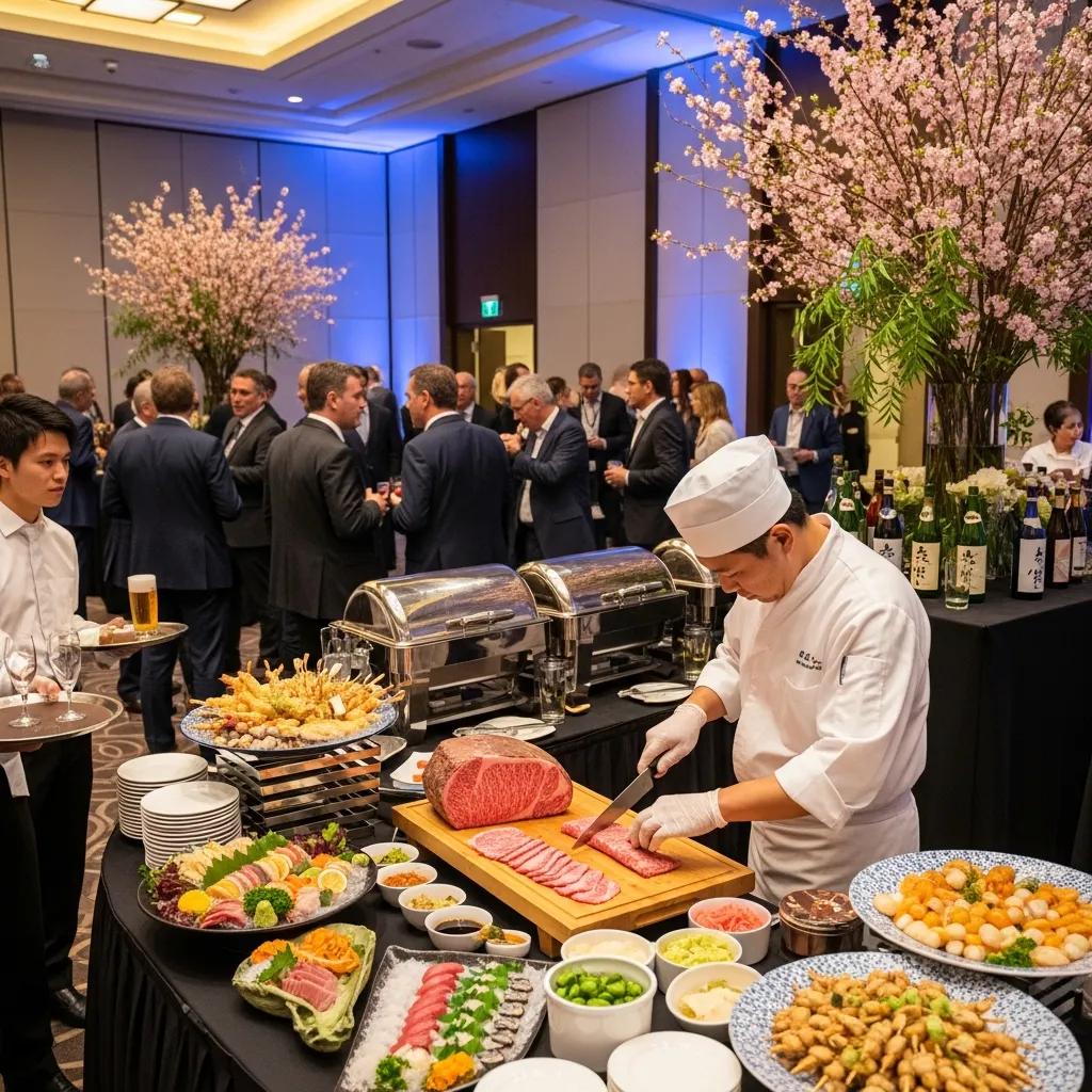 Luxury Japanese catering event with guests enjoying A5 Wagyu at a carving station, featuring chef preparing dishes, assorted sushi, and tempura, amidst a corporate gathering setting.