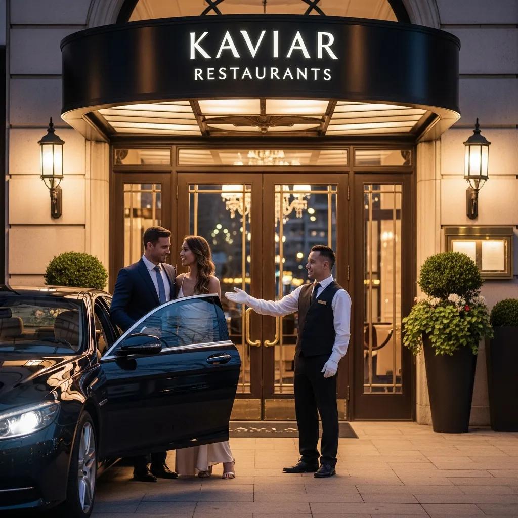 Couple arriving at Kaviar Restaurants, greeted by valet attendant, emphasizing upscale dining experience and convenience of valet parking service.