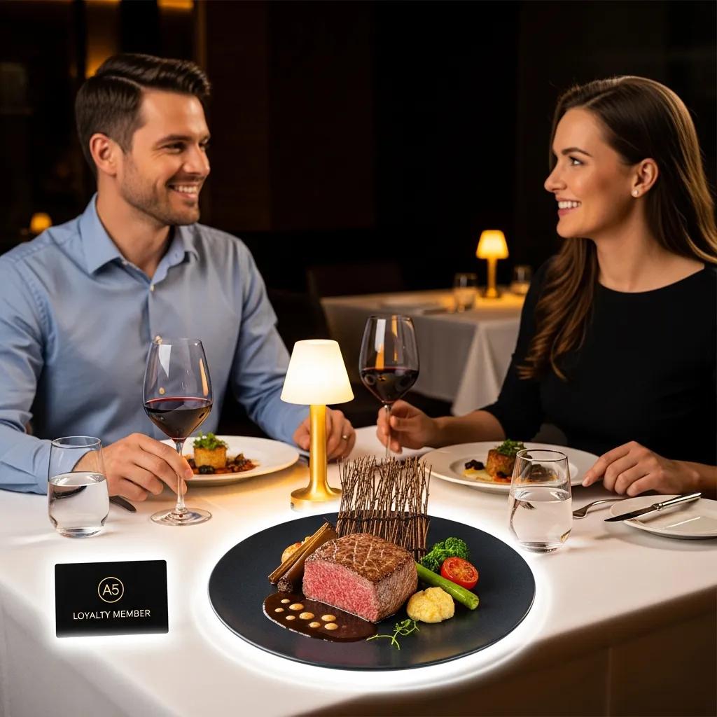 Couple enjoying a fine dining experience with A5 Wagyu steak, red wine, and a "Loyalty Member" card, highlighting exclusive dining perks at Kaviar Restaurants.