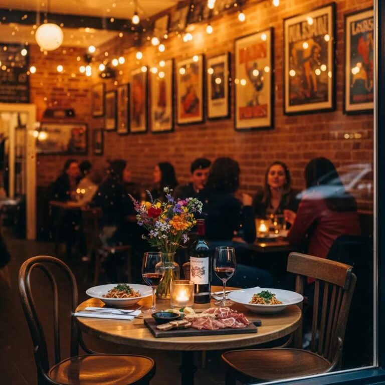 Cozy bistro setting with warm lighting, inviting table for two featuring gourmet dishes, wine, and flowers, enhancing the casual dining experience.