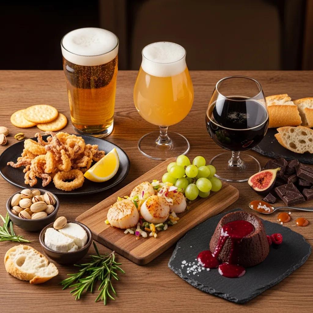 Craft beer and gourmet food pairing featuring two beer glasses, fried calamari with lemon, scallops with fruit salsa, green grapes, pistachios, goat cheese, chocolate, and a chocolate dessert with raspberry sauce on a wooden table.