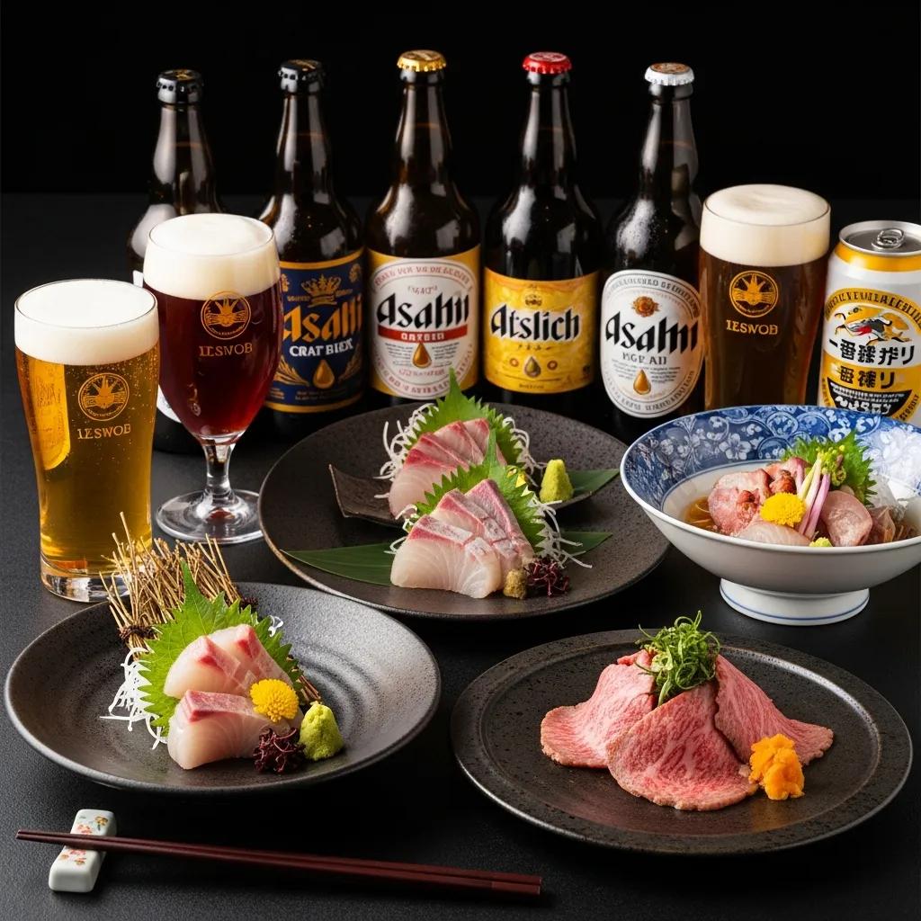 Craft beers paired with omakase dishes, featuring sashimi and A5 Wagyu beef, showcasing Japanese fine dining aesthetics.