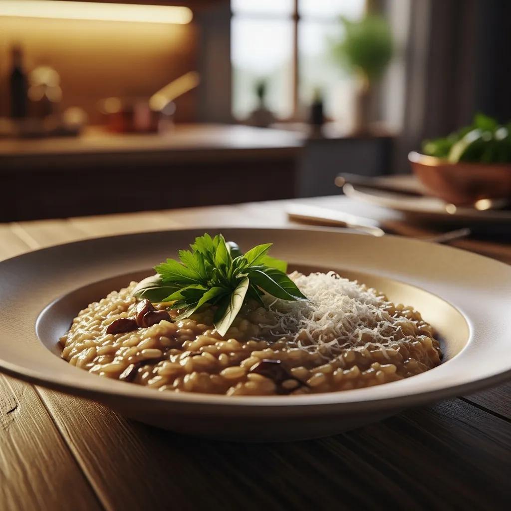 Creamy risotto garnished with herbs and Parmesan in a rustic kitchen setting