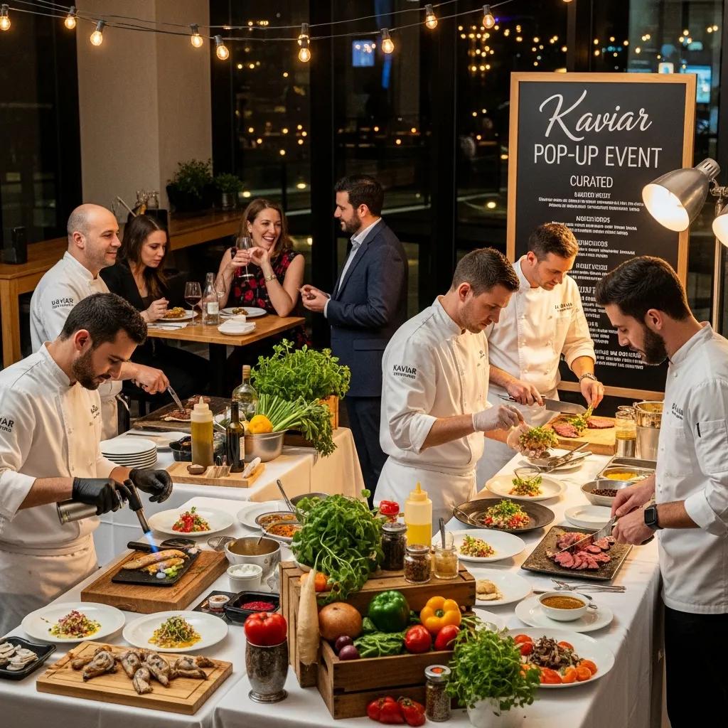 Chefs preparing gourmet dishes at Kaviar's pop-up event, featuring premium ingredients like A5 Wagyu and fresh vegetables, with guests enjoying the luxury dining experience in a stylish setting.