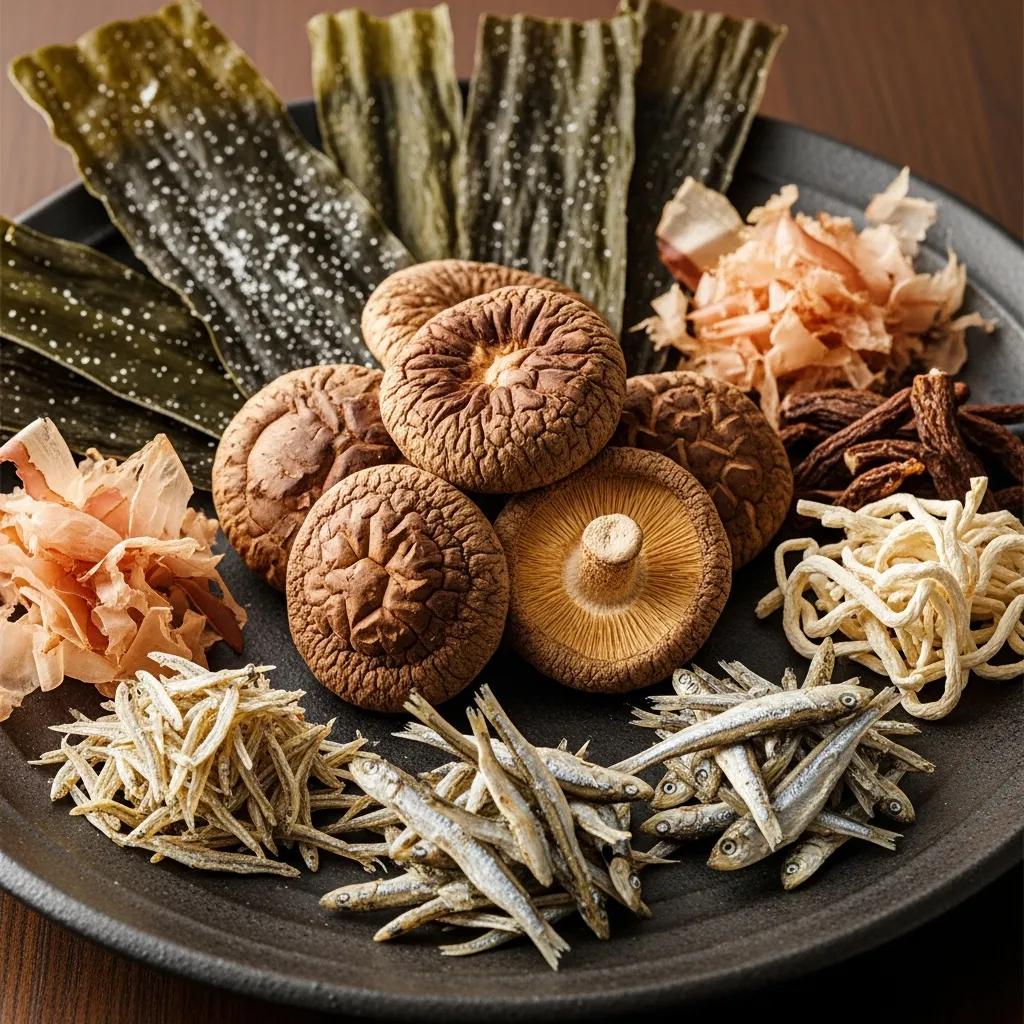 Shiitake, kombu and katsuobushi — dried Japanese ingredients arranged to emphasize umami depth