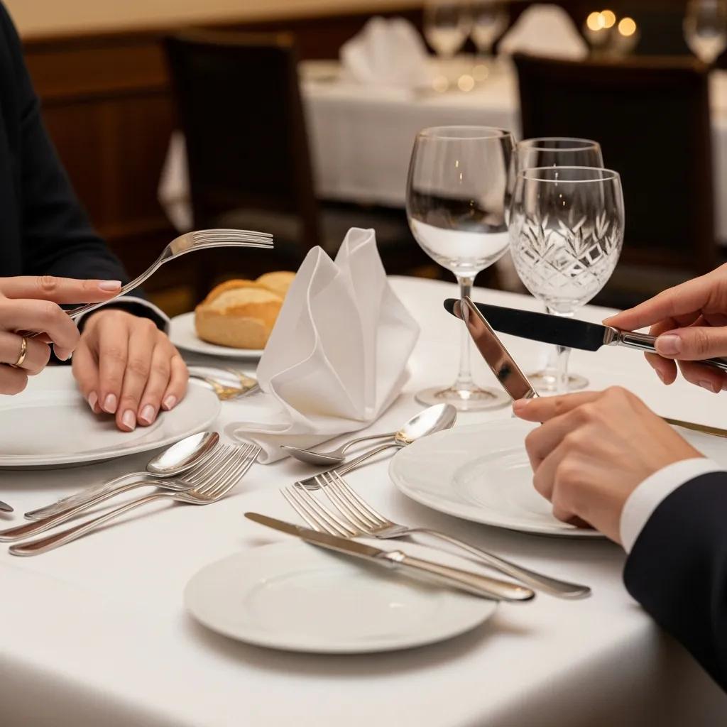 Hands positioned correctly with fork and knife at a formal dining table, showcasing French table manners, with elegant glassware and neatly arranged utensils.