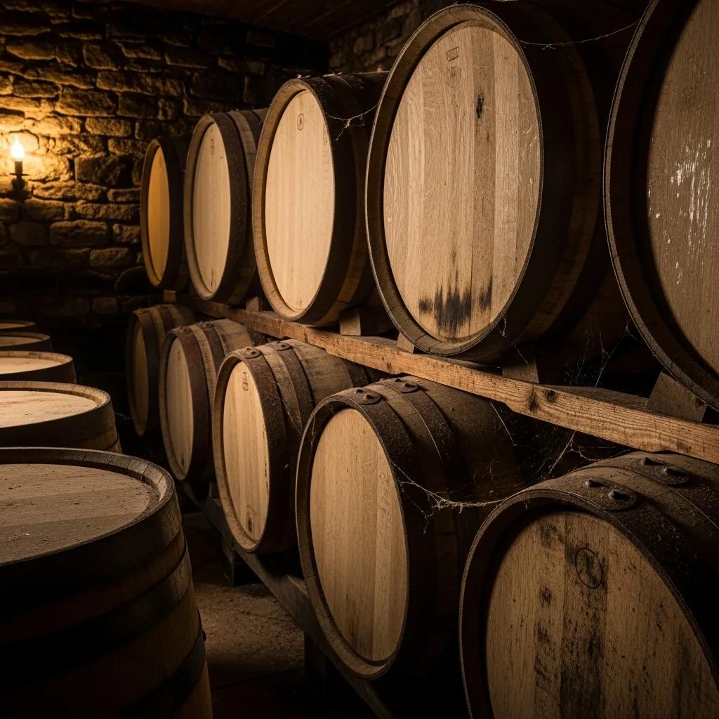Selection of aging barrels in a cellar highlighting wood grain and char levels