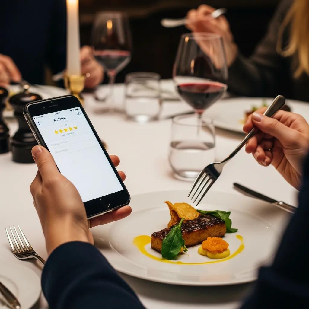 Diner using smartphone to write a review while enjoying a gourmet dish at Kaviar Restaurant, highlighting the connection between dining and feedback in a fine dining setting.