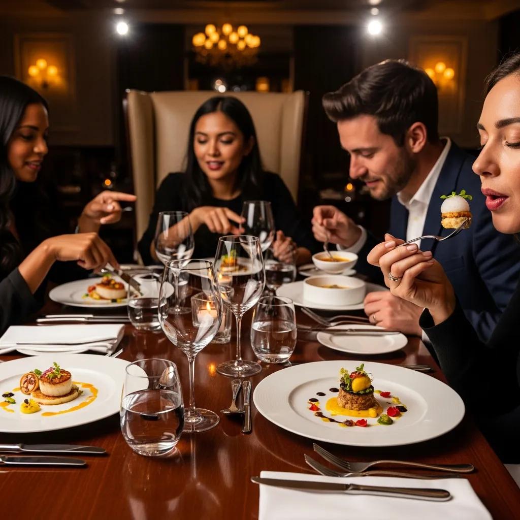 Diners enjoying a fine dining experience, engaged in tasting multi-course meals with elegant plating, surrounded by wine glasses and a warm, sophisticated atmosphere.