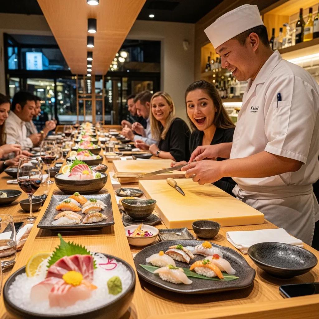 Diners enjoying an immersive omakase experience at Kaviar restaurant, featuring beautifully plated sushi and attentive chef service, with guests engaged in the tasting process.