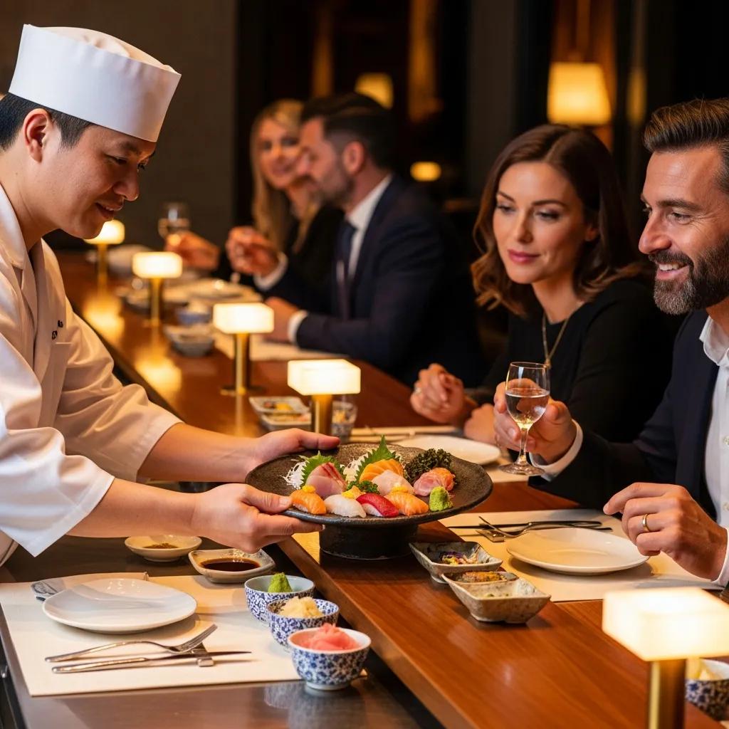 Guests at our omakase counter enjoying plated courses with chef interaction and refined presentation
