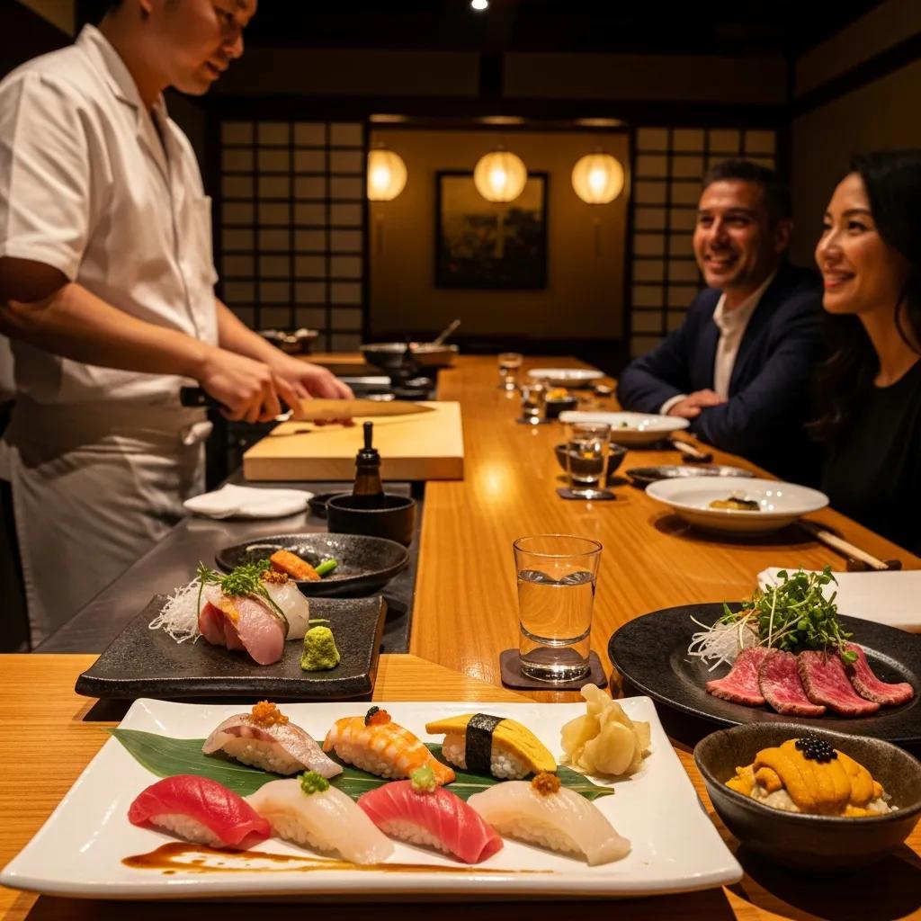 Chef preparing sushi at an elegant dining table set for omakase, featuring beautifully plated Japanese dishes including assorted sushi and premium ingredients, reflecting a fine dining experience at Kaviar Restaurants.