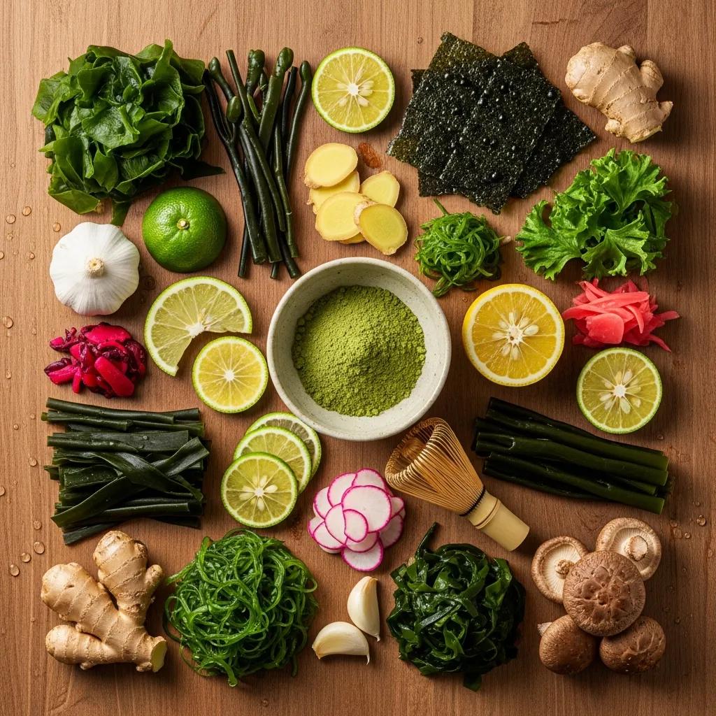 Arrangement of matcha, kelp and citrus &mdash; common antioxidant ingredients in Japanese cuisine