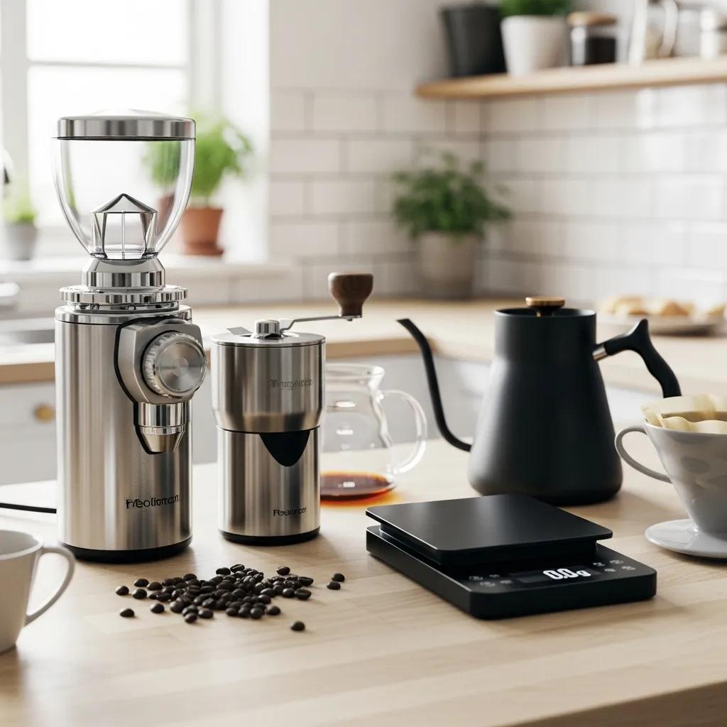 Selection of home coffee grinders and accessories arranged to highlight essential equipment choices