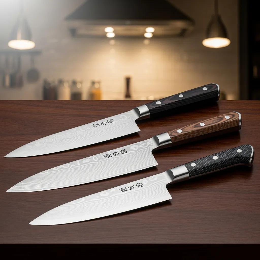 Array of premium Japanese chef knives highlighting blade geometry and refined handle details