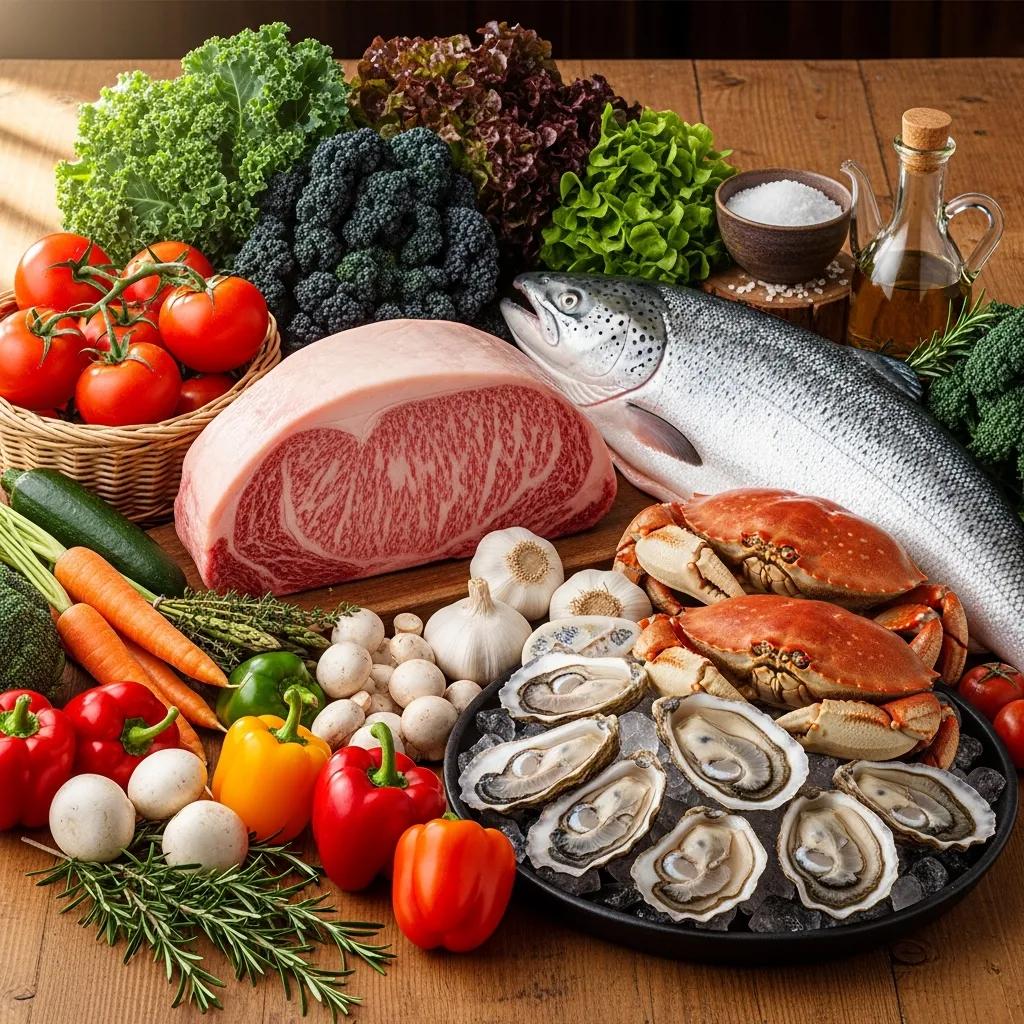 Premium organic ingredients including A5 Wagyu beef, sustainable seafood like crabs and oysters, seasonal vegetables, and herbs, arranged artfully on a wooden surface, emphasizing Kaviar's commitment to eco-friendly sourcing and fine dining.