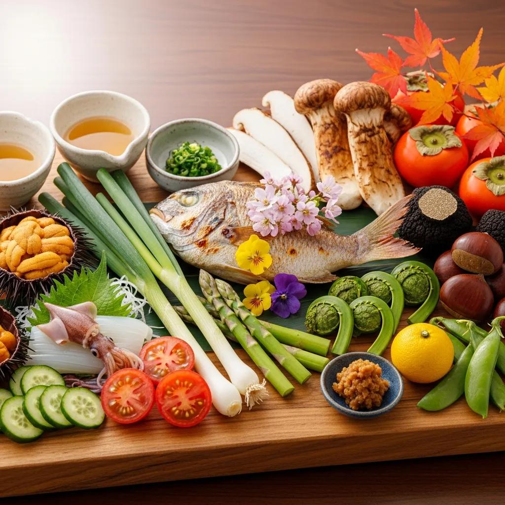 Assortment of seasonal ingredients used in kaiseki, illustrating the role of seasonality