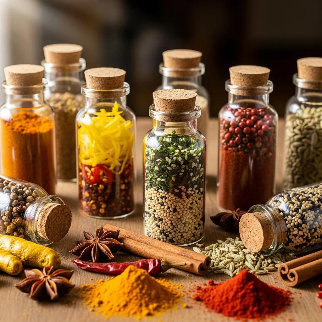Jars of specialty spice blends — yuzu zest, sansho and toasted sesame — arranged to show color and texture