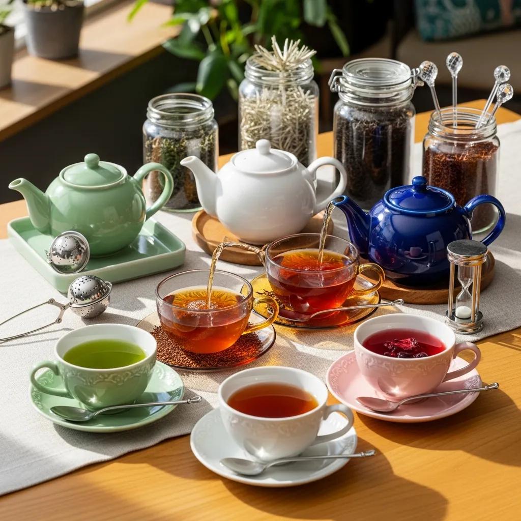 Display of specialty teas in elegant teapots and cups, showcasing vibrant colors and a luxury tea experience, with green, white, and blue teapots, assorted tea leaves in jars, and various tea cups, reflecting Kaviar's curated tea offerings.