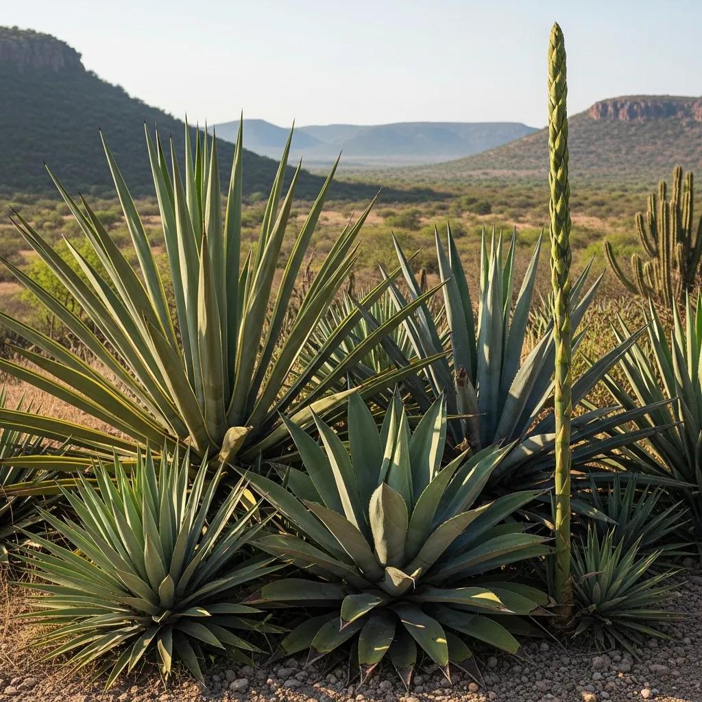 Diverse agave plants including Espadin, Tobal&aacute;, and Madrecuixe in a natural landscape, highlighting the botanical variety essential for mezcal production.