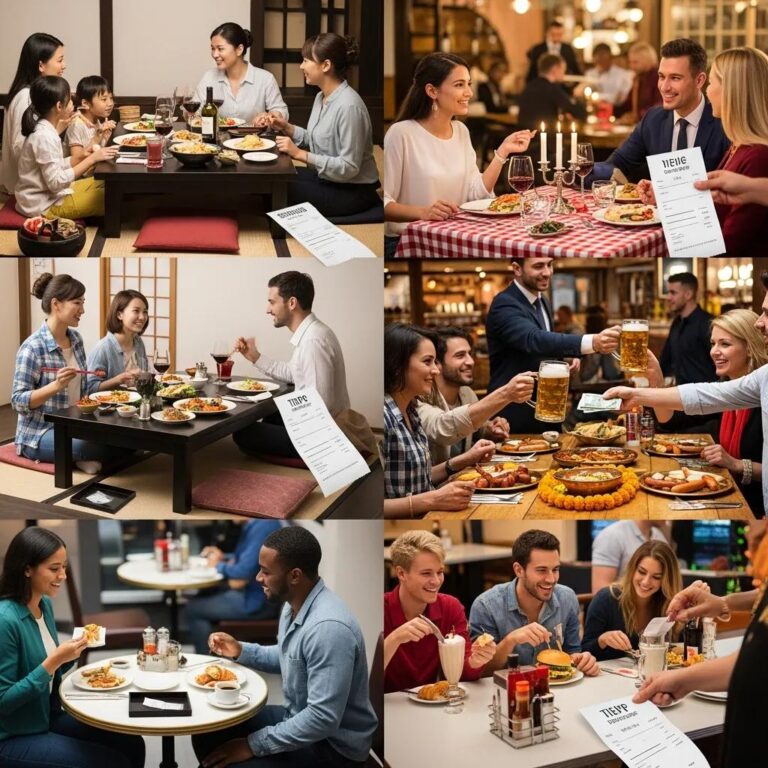 Diverse group of diners enjoying international cuisine, highlighting global tipping etiquette