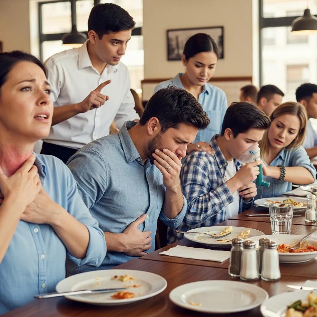 Diners and staff responding to an allergic reaction at a table, illustrating common symptoms and the importance of prompt recognition.