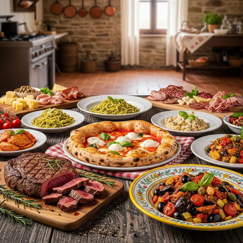 An assortment of regional Italian dishes illustrating local ingredients and culinary variety