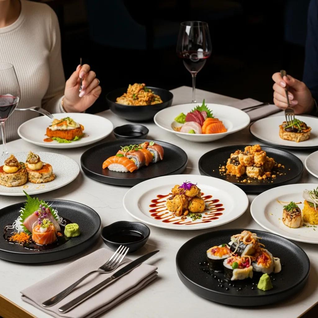 Diverse selection of &agrave; la carte Japanese dishes including vibrant sushi, sashimi, and signature items on a dining table, showcasing premium ingredients and elegant presentation, ideal for personalized dining experiences at Kaviar.