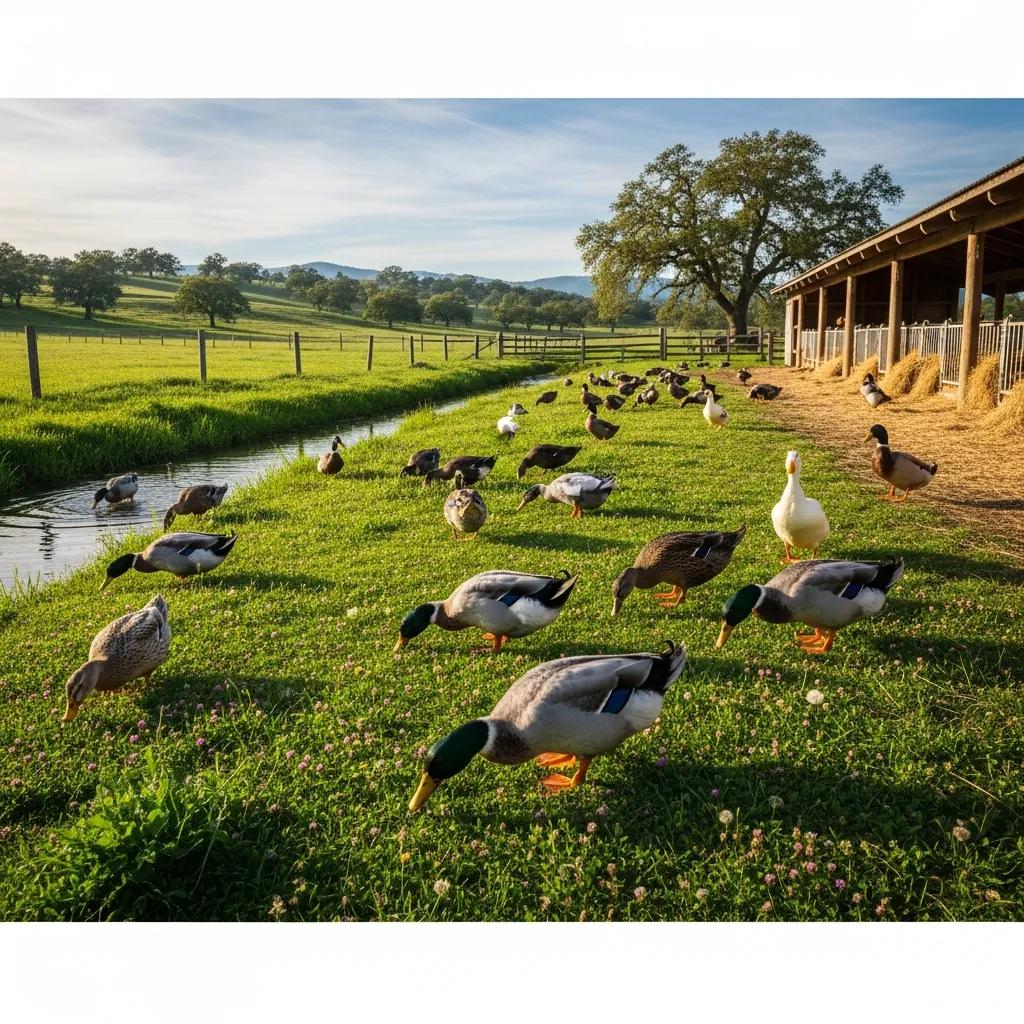 Ducks foraging in a lush farm environment, representing humane foie gras production with free-range access and natural feeding.