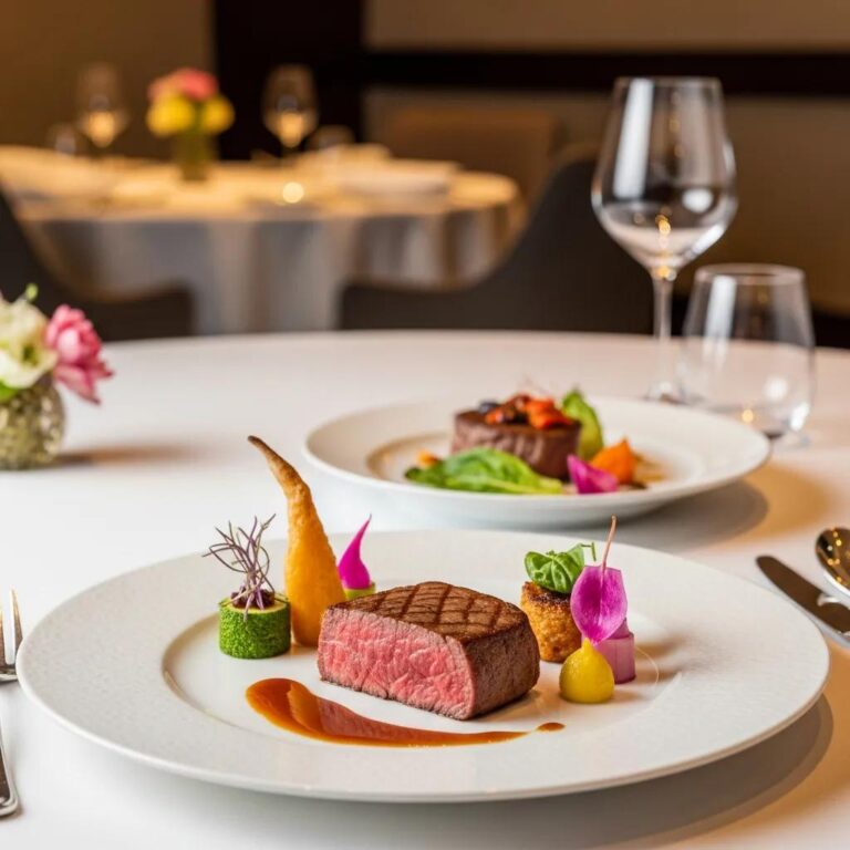 Elegant A5 Wagyu steak plated in a fine dining setting, garnished with vibrant vegetables and sauces, showcasing luxury dining experience at Kaviar Restaurants.