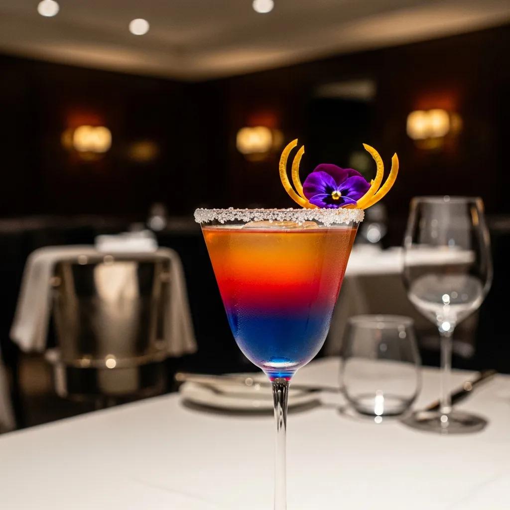 Elegant after-dinner cocktail in luxury restaurant setting, featuring vibrant colors, garnished with an orange twist and a purple flower, highlighting Kaviar's refined dining experience.