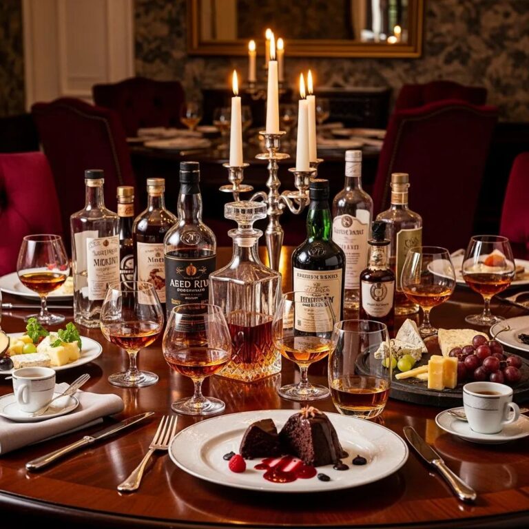 Elegant after-dinner drinks including aged spirits and herbal liqueurs in a luxurious dining setting
