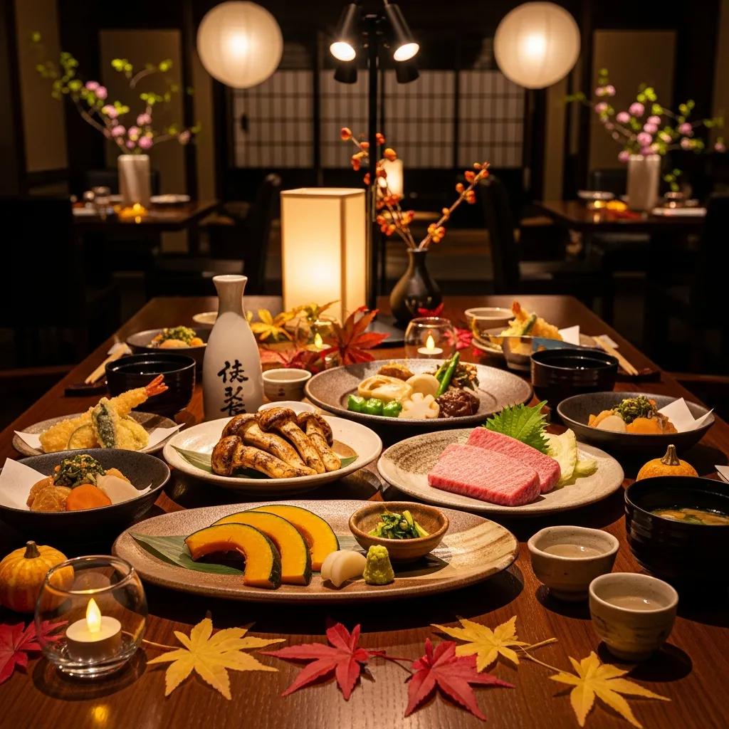 Elegant autumn dining table featuring seasonal Japanese dishes, including matsutake mushrooms, kabocha squash, A5 Wagyu beef, and decorative autumn leaves, set in a cozy, luxurious restaurant ambiance.