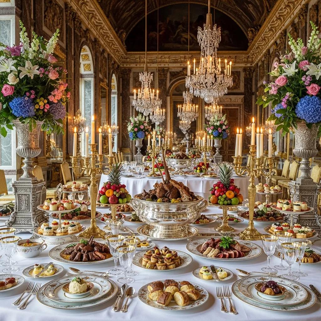 Banquet at Versailles — elegant table settings, fine china, and gourmet dishes in an opulent salon