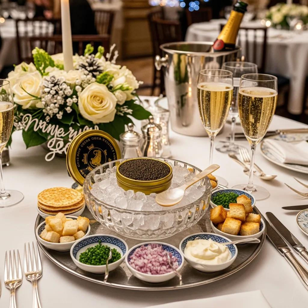 Refined caviar presentation with chilled service plate and sparkling wine pairing