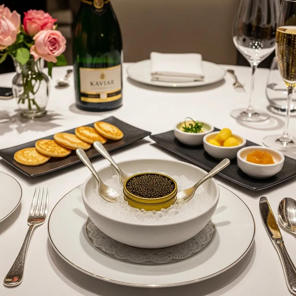 Elegant caviar service presentation with mother-of-pearl spoons, chilled caviar on ice, paired with complementary garnishes and a bottle of Kaviar champagne.