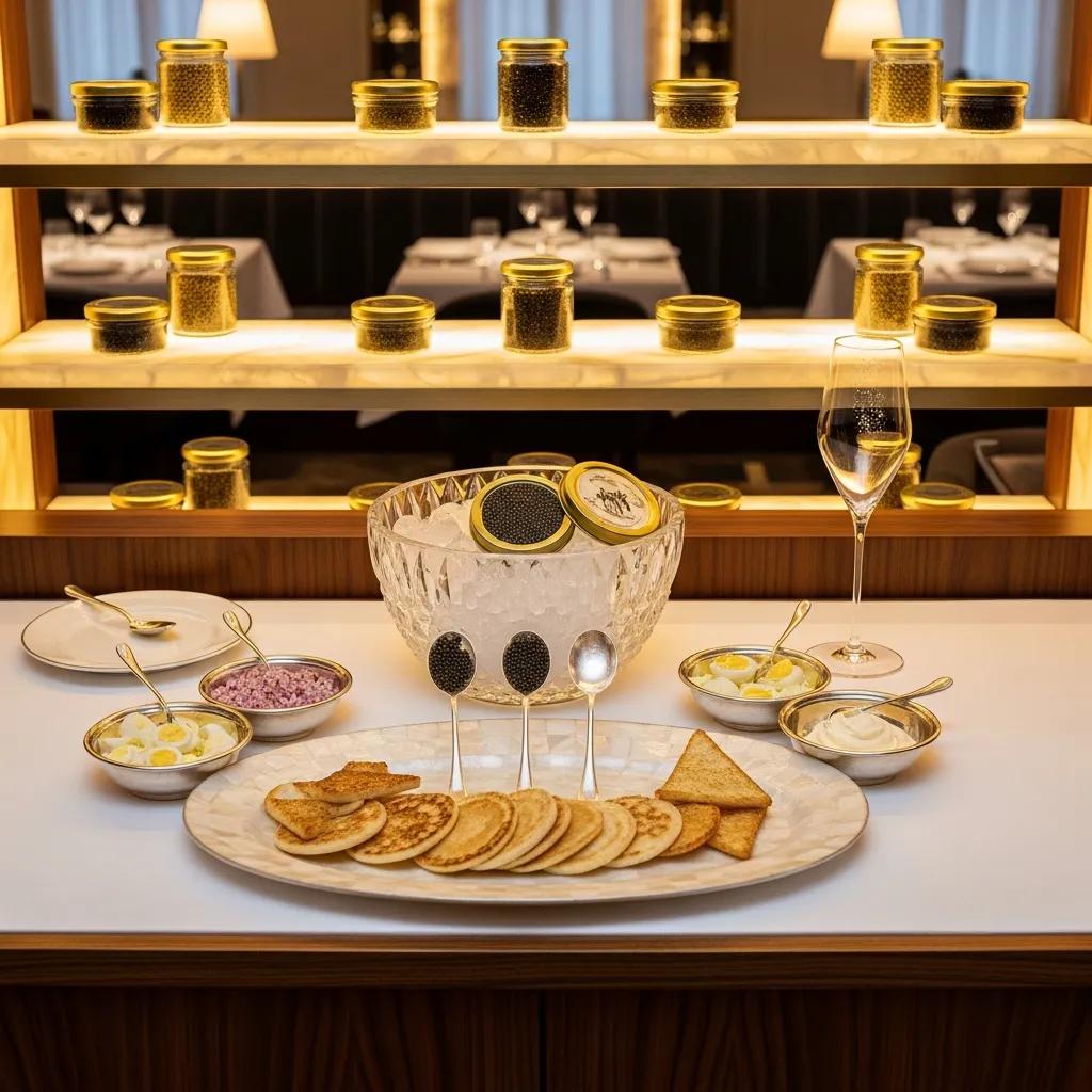 Elegant caviar service setup featuring jars of caviar on backlit shelves, a crystal bowl with ice, and an assortment of accompaniments including blinis, garnishes, and champagne in a refined dining environment.