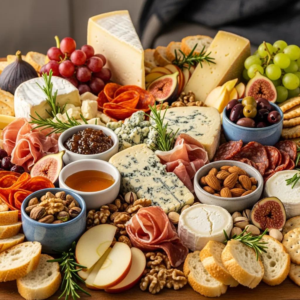 Elegant cheese board composed with cheeses, cured meats, and refined accents