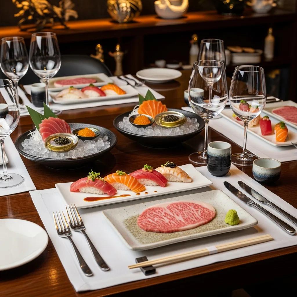 Elegant chef's table setting featuring sushi, caviar, and A5 Wagyu at Kaviar Restaurant, highlighting luxury Japanese dining experience with premium ingredients and refined presentation.