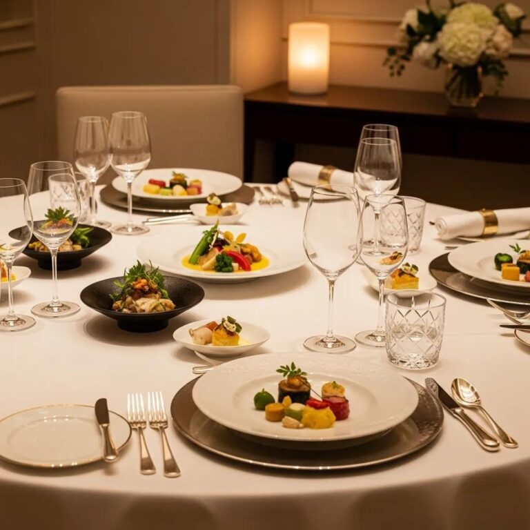 Elegant corporate dining setup at Kaviar Restaurant with fine dining tableware and Japanese cuisine