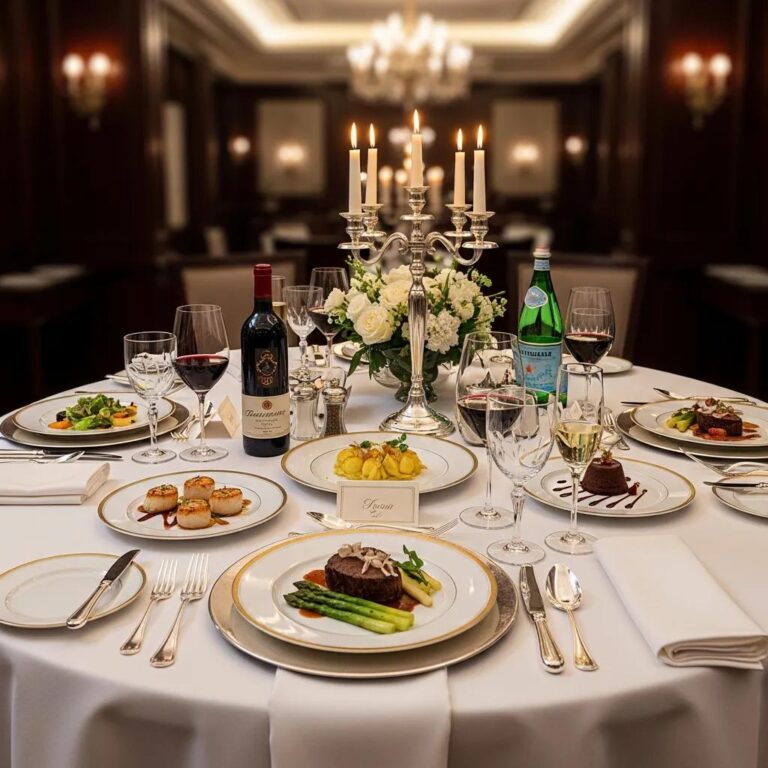 Elegant corporate dining table set for a luxury meal, showcasing fine dining etiquette