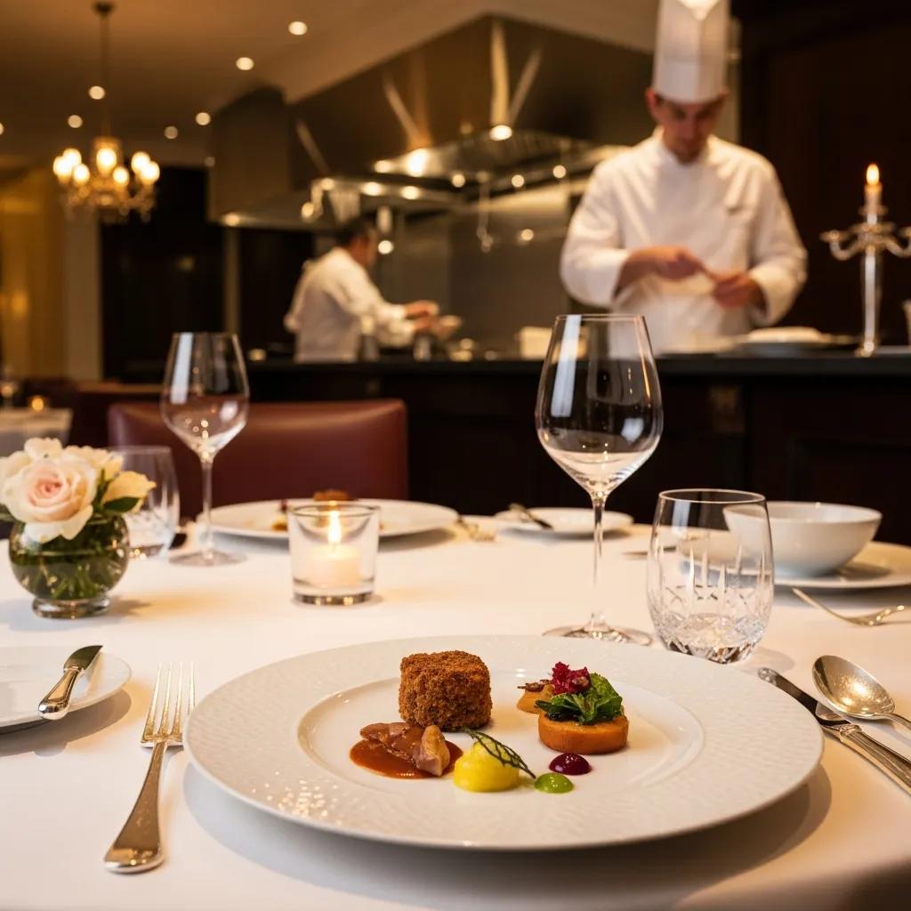 Elegant dining setup in a Michelin-starred restaurant featuring a gourmet dish presentation, fine wine glasses, and a chef preparing meals in the background, embodying luxury culinary experiences.