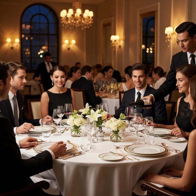 Elegant dining scene with guests in upscale attire enjoying a fine dining experience, featuring a table set with floral arrangements and fine tableware, as a waiter pours wine.