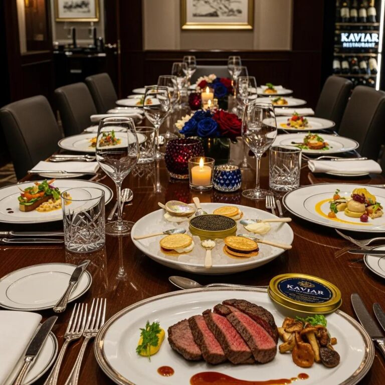 Elegant dining setup at Kaviar Restaurant featuring A5 Wagyu and caviar, ideal for corporate events