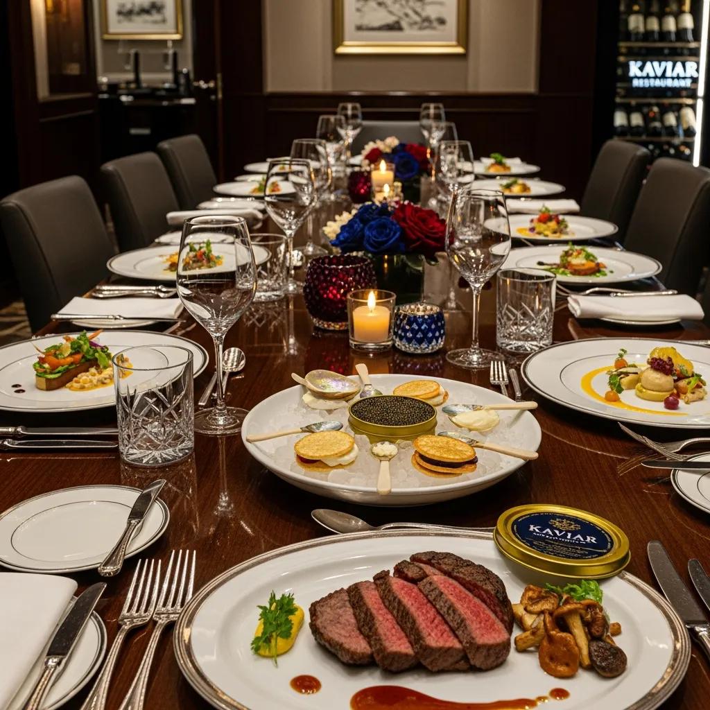 Elegant dining setup at Kaviar featuring A5 Wagyu steak, caviar, and artisanal dishes, ideal for corporate events, surrounded by fine tableware and luxurious decor.