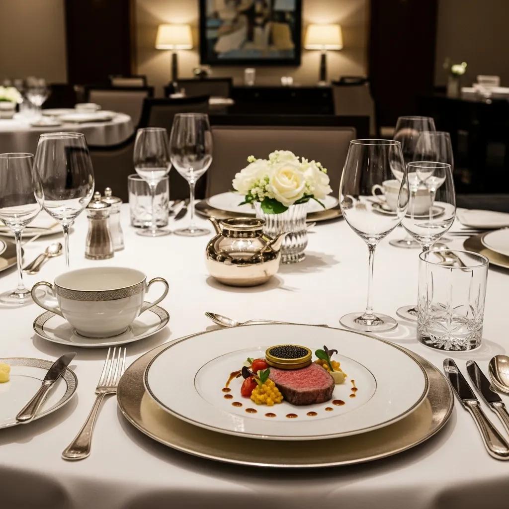 Elegant dining setup at Kaviar Restaurant featuring A5 Wagyu and Kaluga caviar