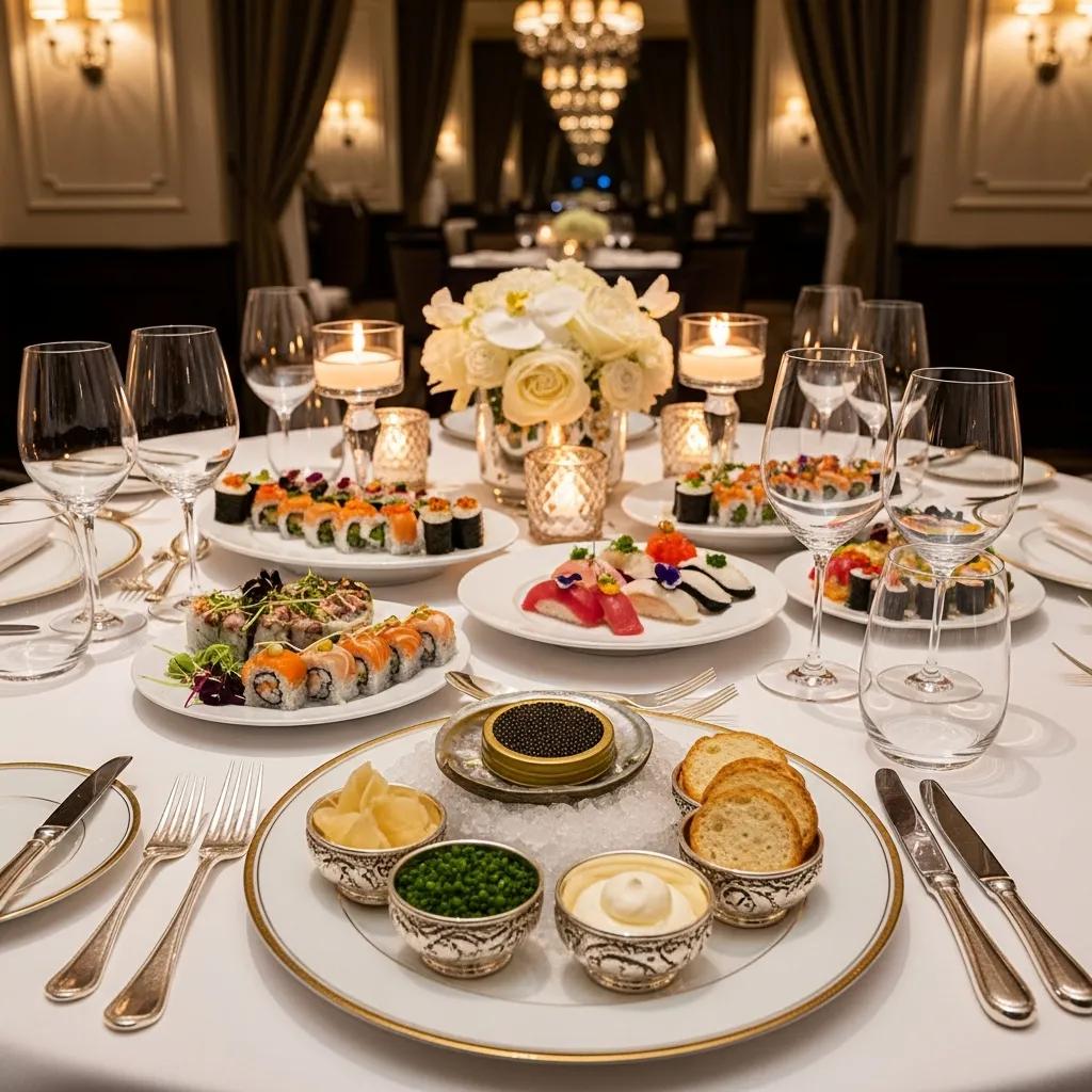 Elegant dining setup at Kaviar Restaurant featuring sushi and caviar in a luxurious atmosphere