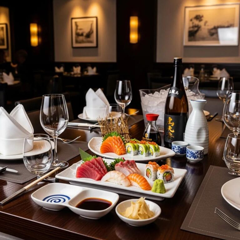 Elegant dining setup at Kaviar Restaurant featuring sushi, sashimi, and premium sake in a luxurious atmosphere